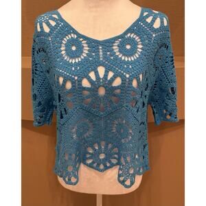 Rebellion Blue Lace Crochet Short Sleeve Crop Top Cotton Size XL